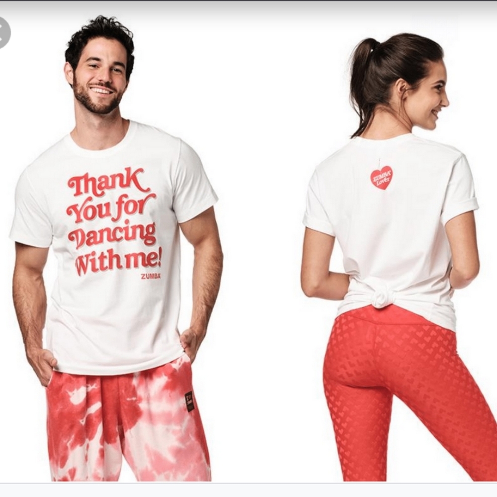 Zumba Thank You For Dancing with Me Tee T-Shirt White Red Unisex size XS/S NWOT